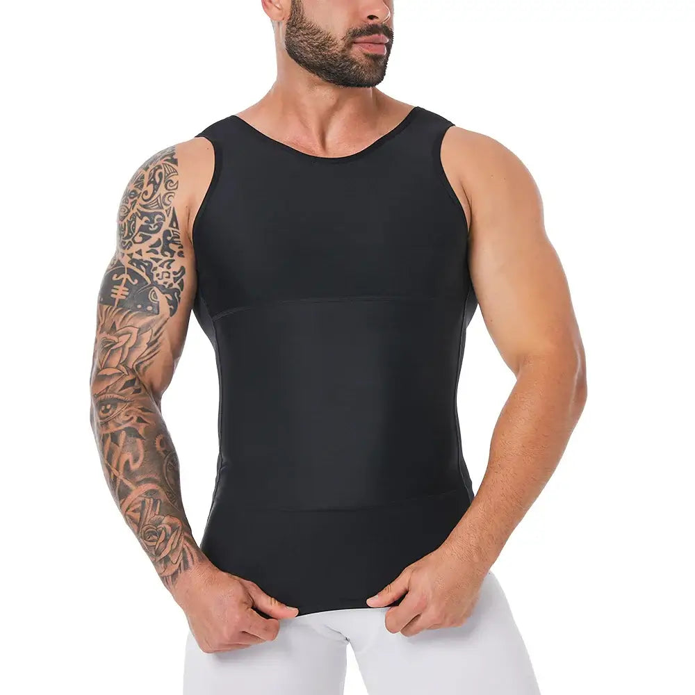 Men's compression shapewear in black, featuring tummy control and high stretch for fitness.