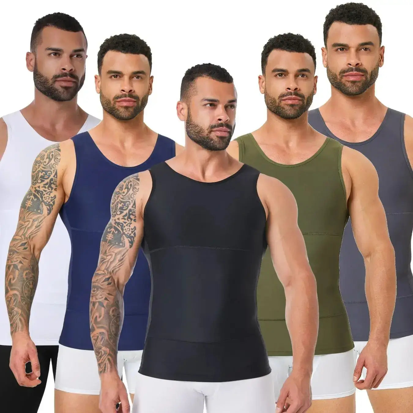 Men's compression shapewear in multiple colors for fitness and tummy control.