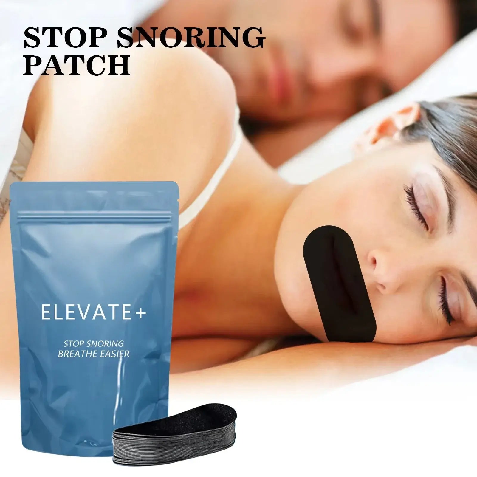 Nose breathing correction patches for better sleep and snoring reduction. Elevate+ patches displayed with users sleeping peacefully.