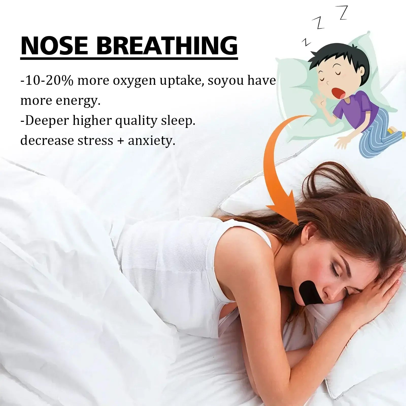 Woman sleeping peacefully with nose breathing correction tape, showcasing improved sleep quality and stress relief.