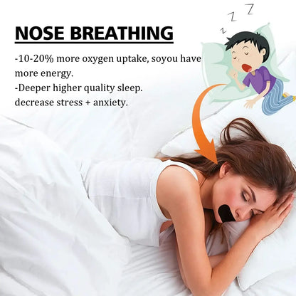 Woman sleeping peacefully with nose breathing correction tape, showcasing improved sleep quality and stress relief.