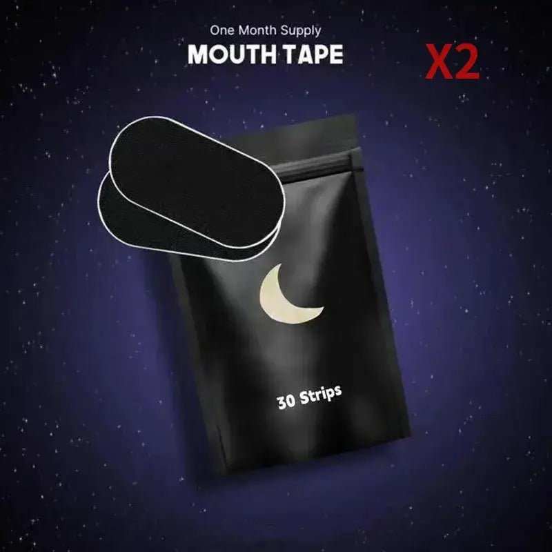One month supply of mouth tape featuring 30 strips in a sleek black package, designed for better sleep.
