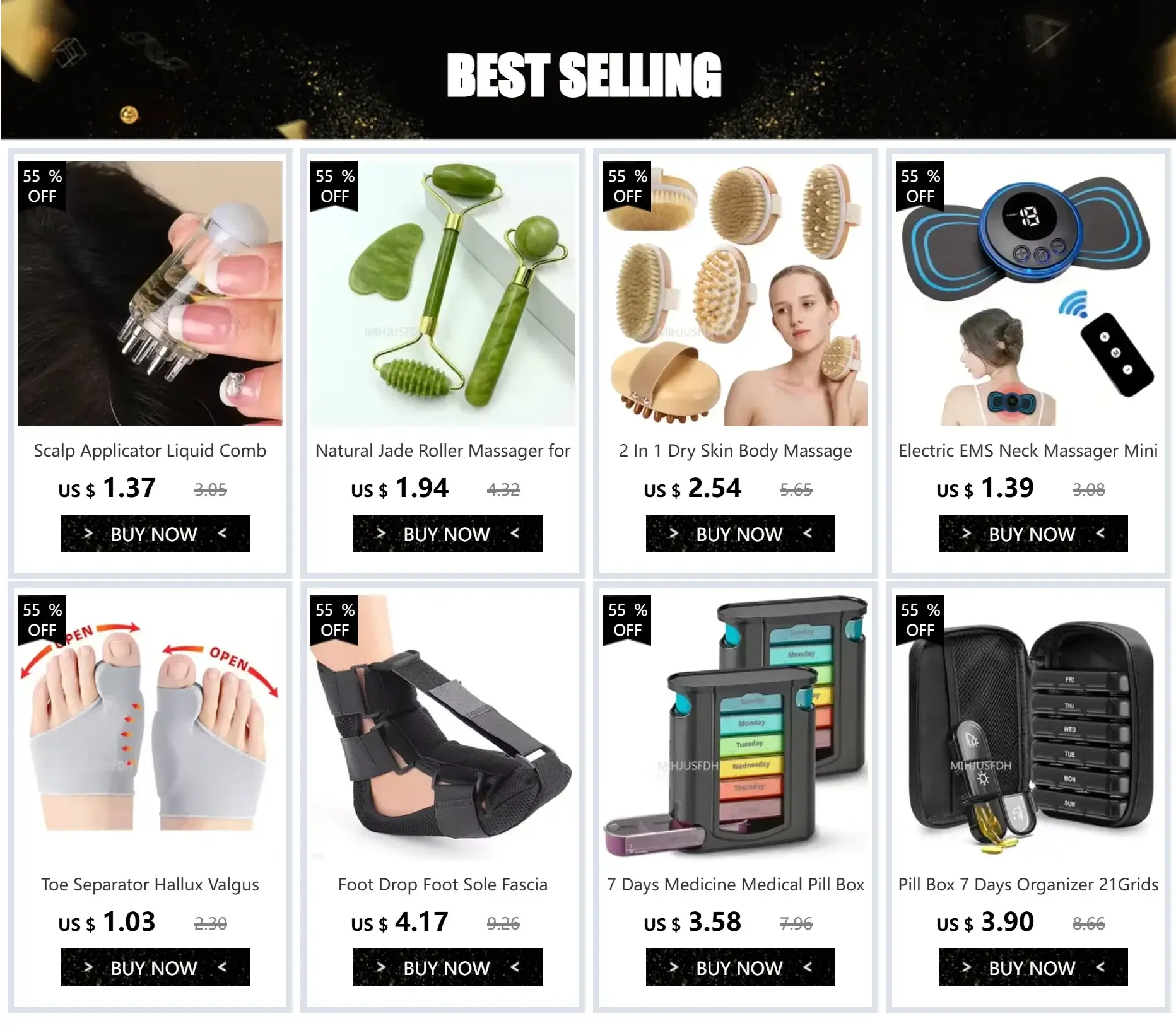 Best-selling health products including scalp combs, massagers, and foot care items on discount.