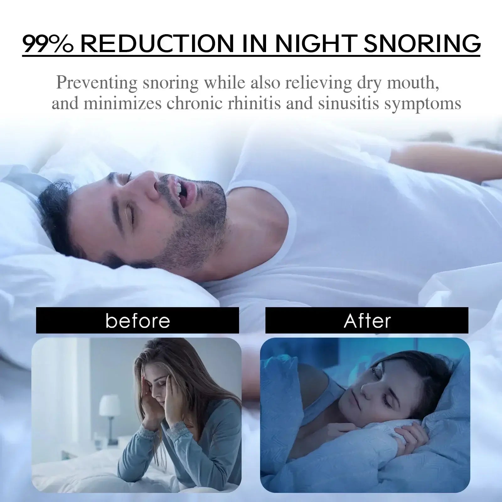 Before and after image showcasing 99% reduction in night snoring, promoting better sleep and breathing.