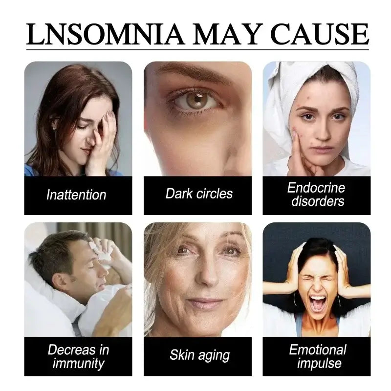 Image illustrating effects of insomnia: inattention, dark circles, endocrine disorders, decreased immunity, skin aging, emotional impulse.