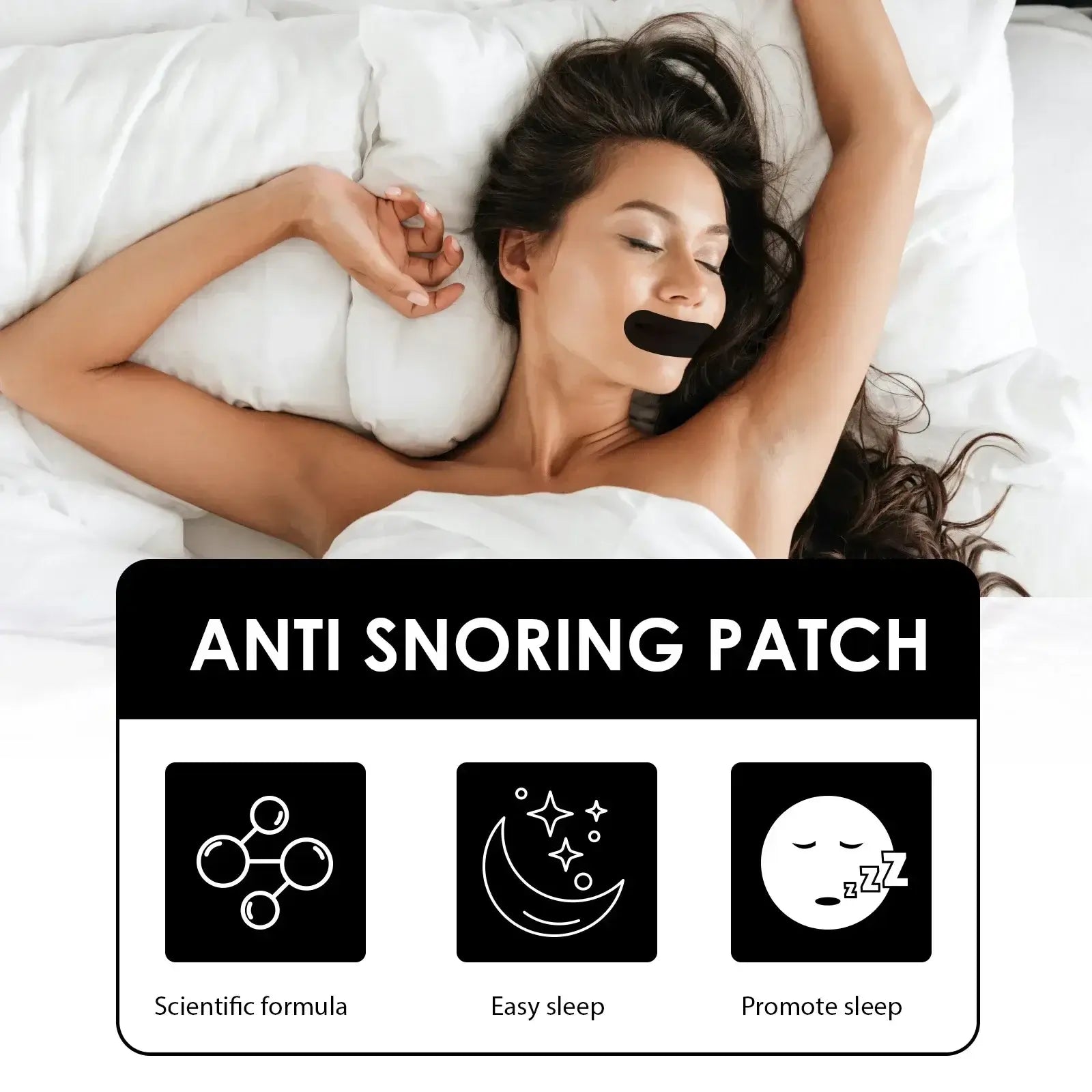 Woman using anti snoring patch for better sleep, featuring scientific formula and sleep promotion icons.