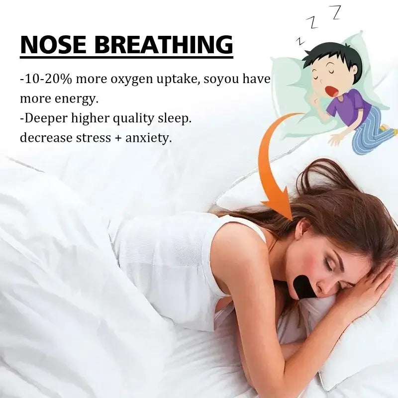 Woman sleeping peacefully using nose breathing correction patches for better sleep and oxygen intake.
