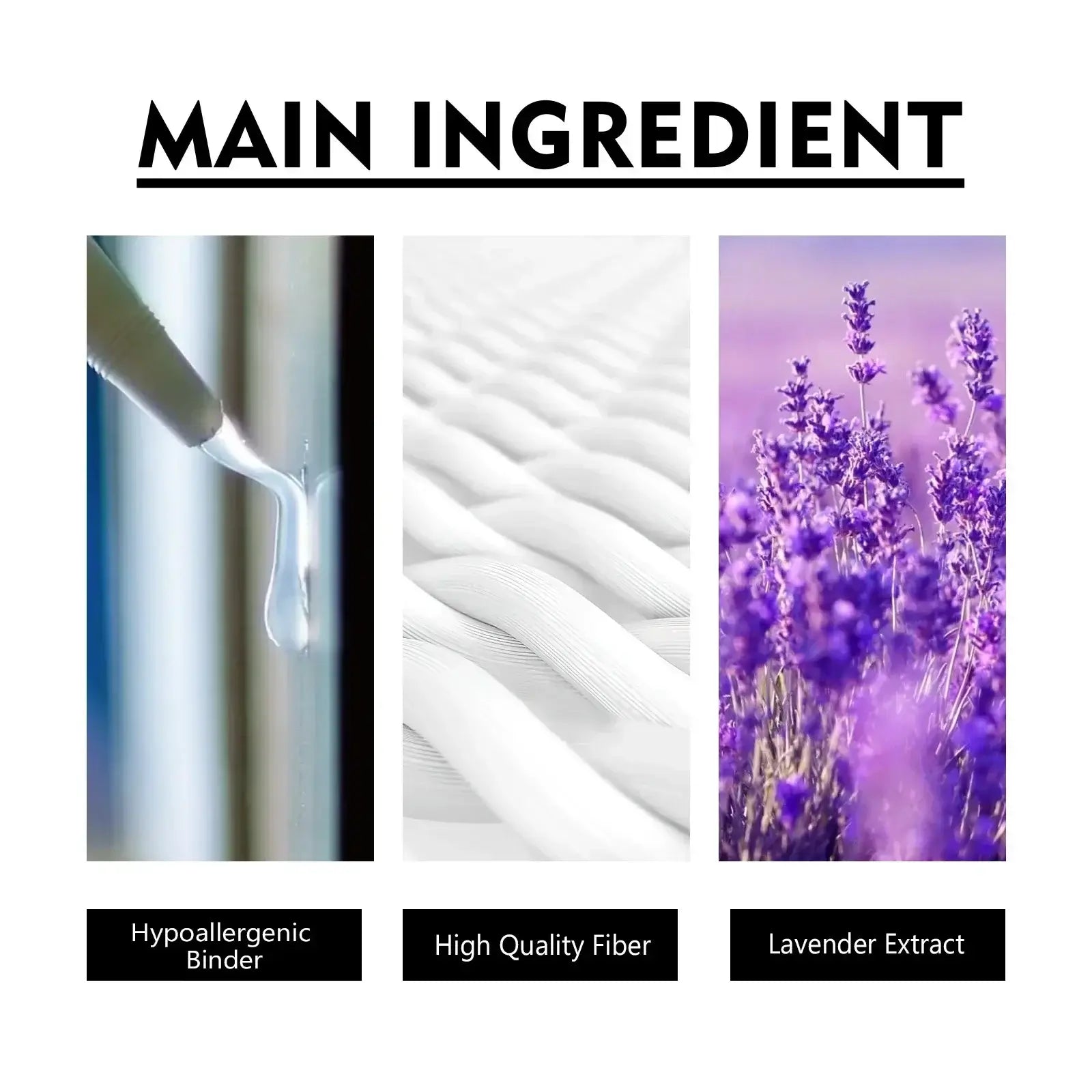 Image showcasing main ingredients: Hypoallergenic Binder, High Quality Fiber, and Lavender Extract.