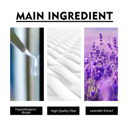 Image showcasing main ingredients: Hypoallergenic Binder, High Quality Fiber, and Lavender Extract.